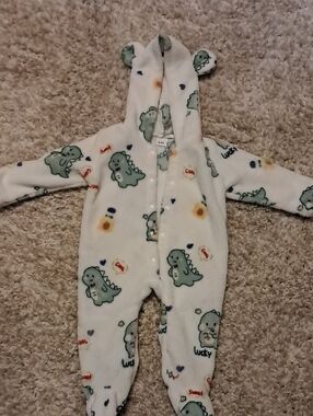 Baby Dino Hooded One-Piece Romper - White with Green Dino Print